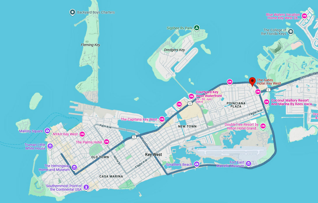 Übersichts-Straßenkarte von Key West mit Hotel am Roosevelt Boulevard