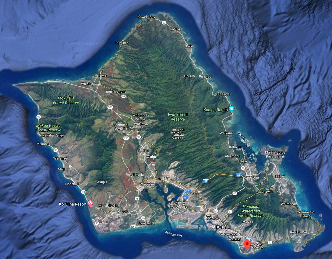 Google Satellitenbild von Oahu