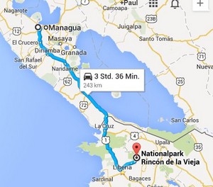 Strecke von Rincon de Vieja nach Managua